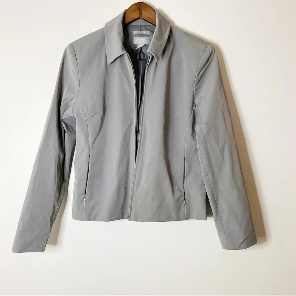 Vintage Stretch Blazer Jacket Gray Zip Up Size 8 Professional Preppy Office